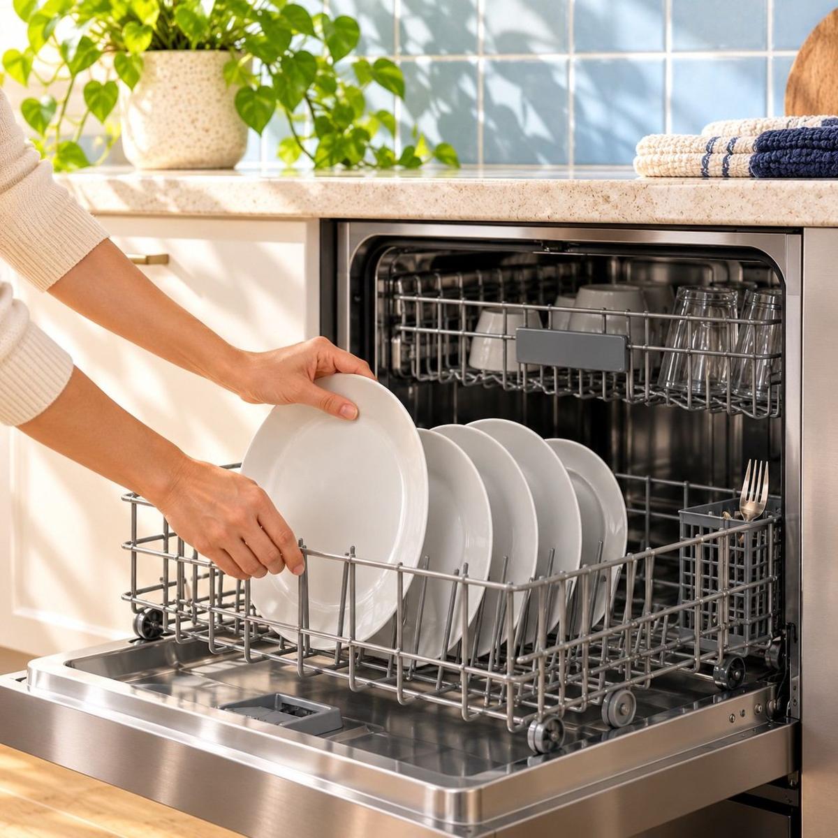 White ceramic plates loaded into a dishwasher rack