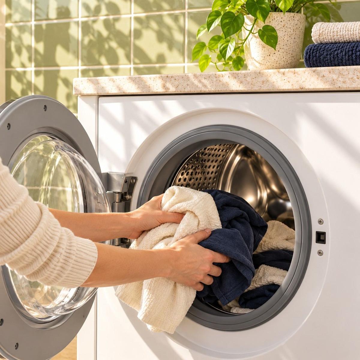 Cream and navy laundry loaded loosely into a washer