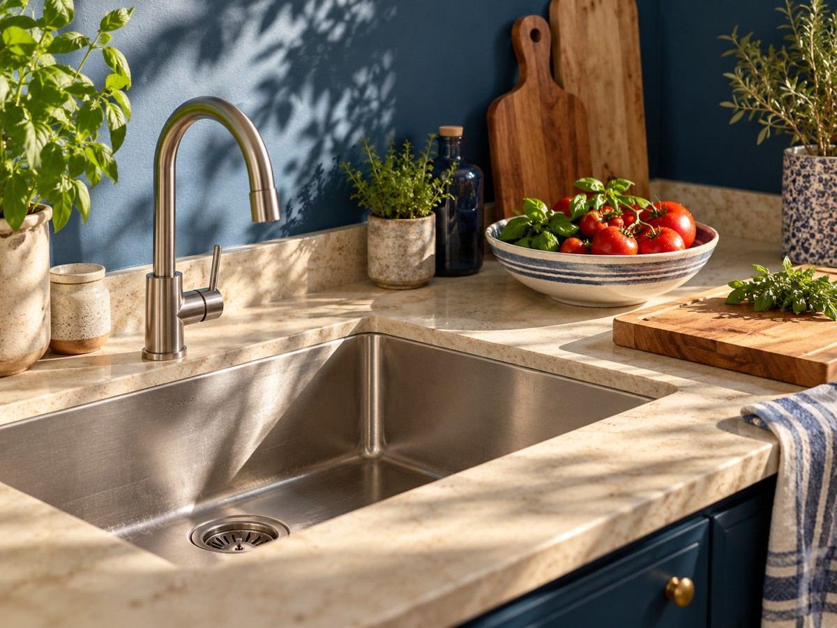 A clear sink beside fresh vegetables and herbs