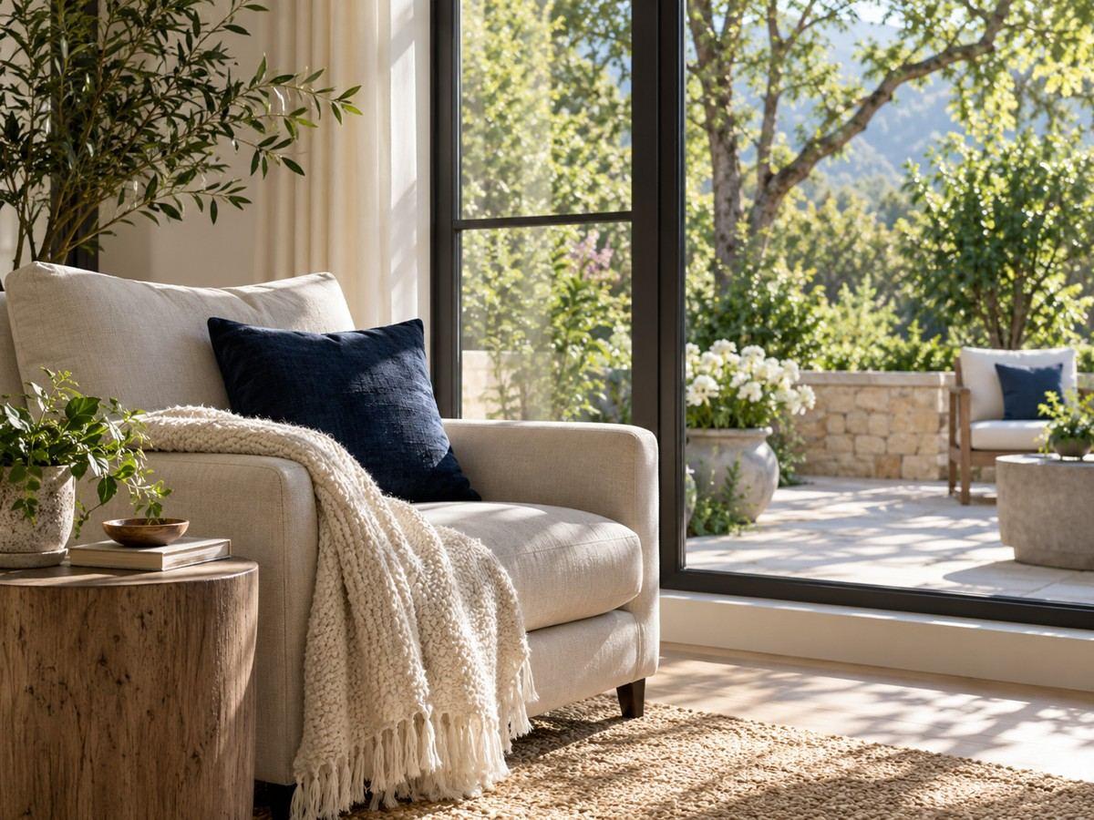 Clear windows overlooking a leafy patio