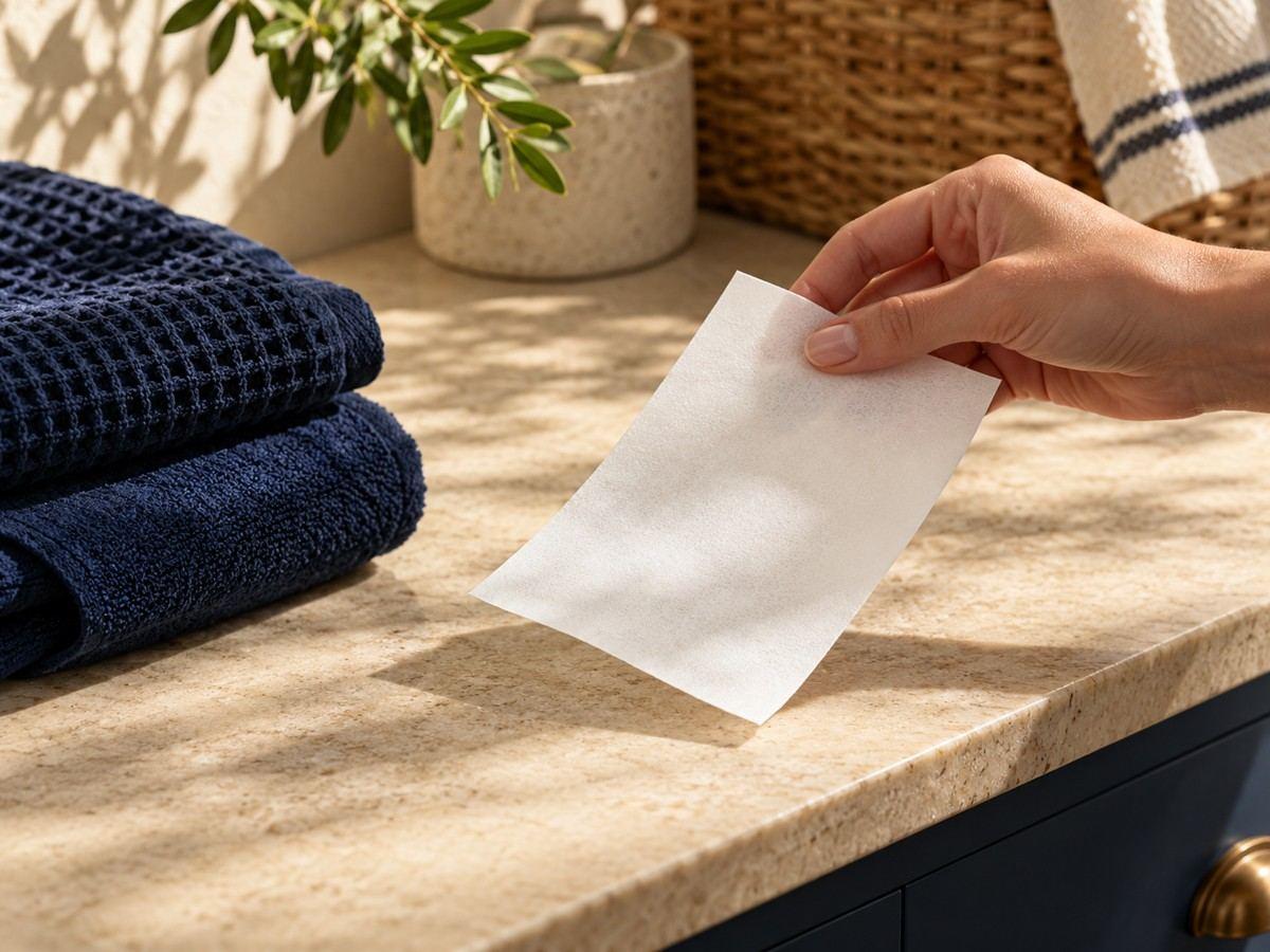 A thin detergent sheet held beside folded fabric