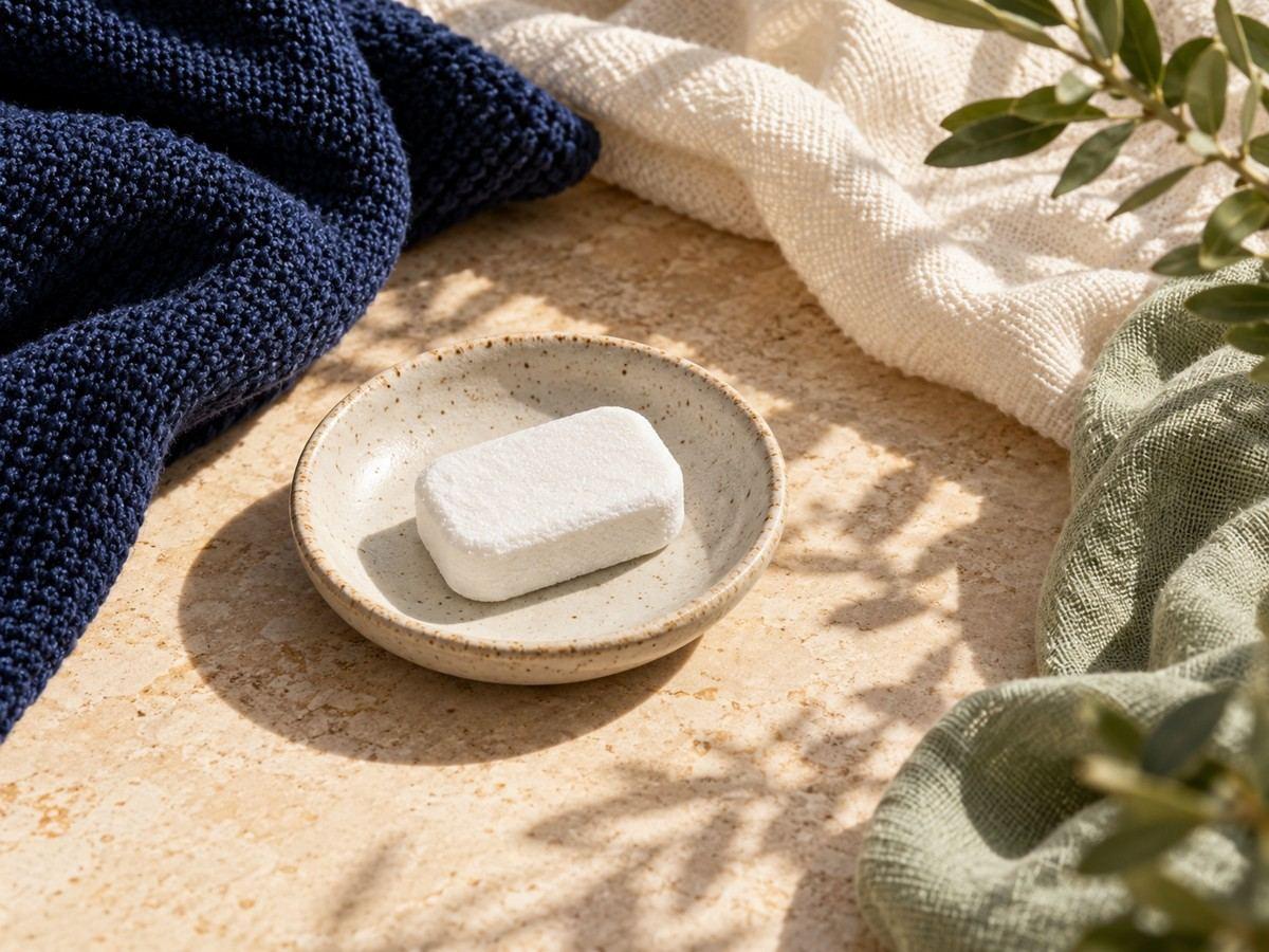 A detergent tablet beside cream and navy fabrics