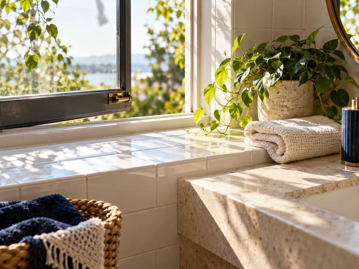An open bathroom window above a dry sill