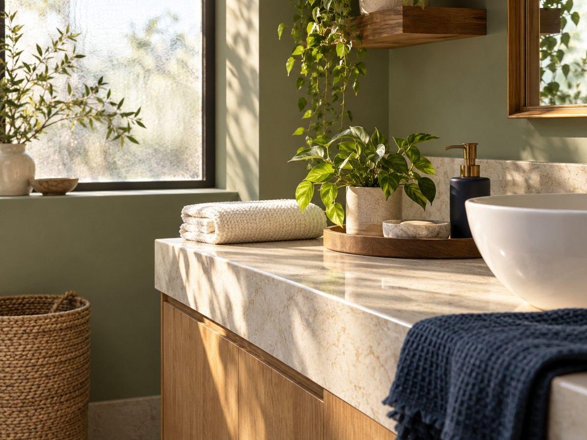 A tidy bathroom with towels and a plant