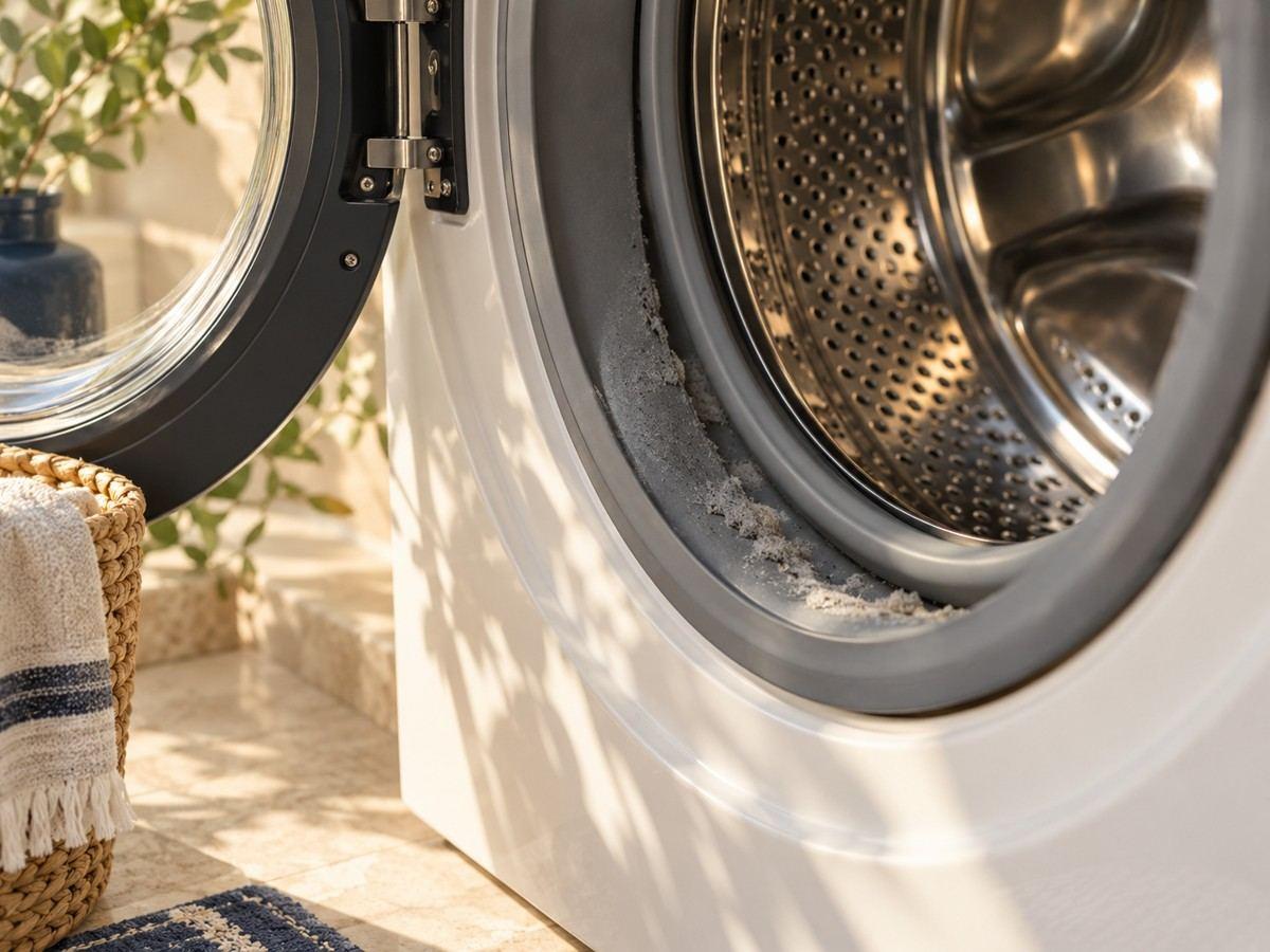 Lint and residue in a washing machine door seal