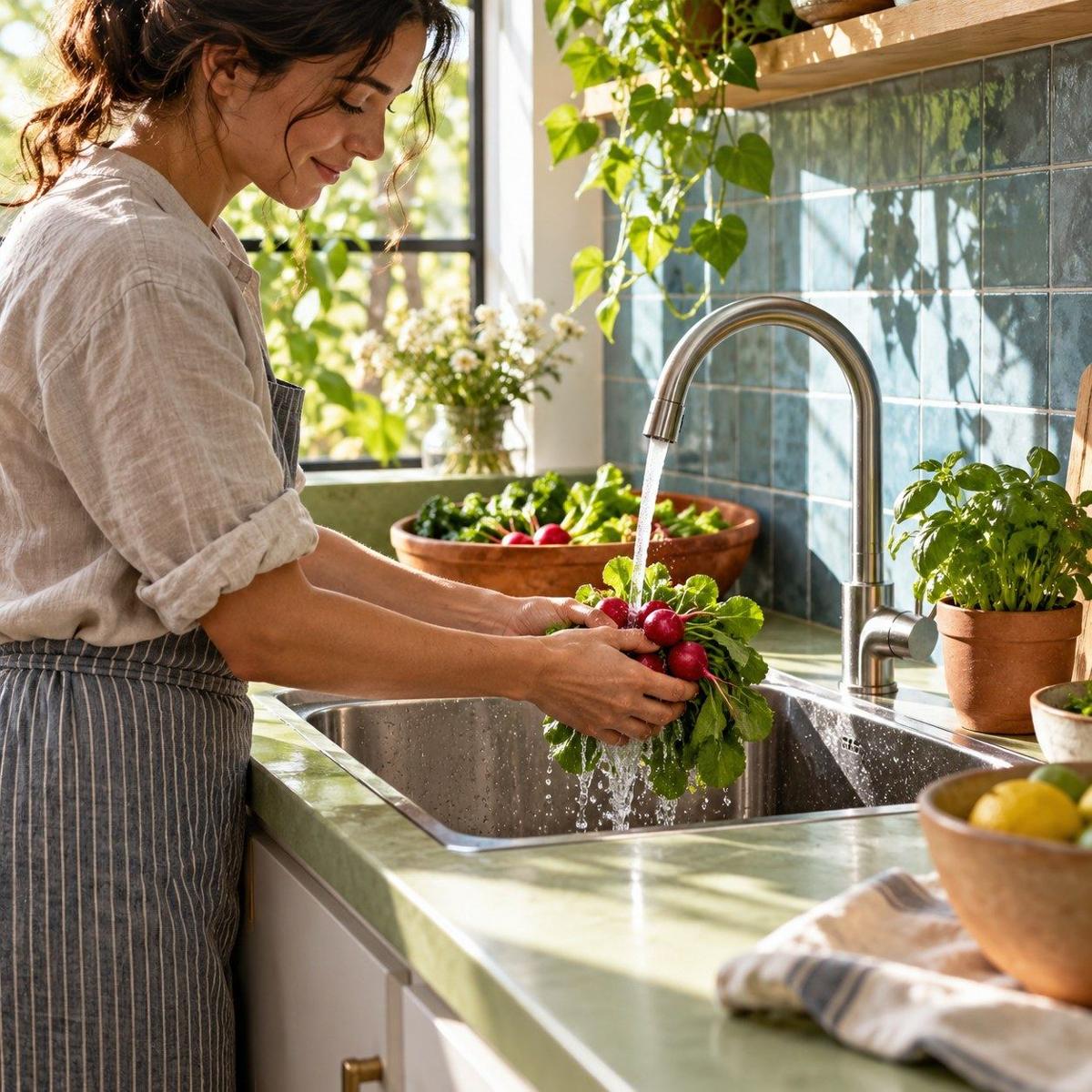 Rinsing fresh vegetables at the kitchen sink