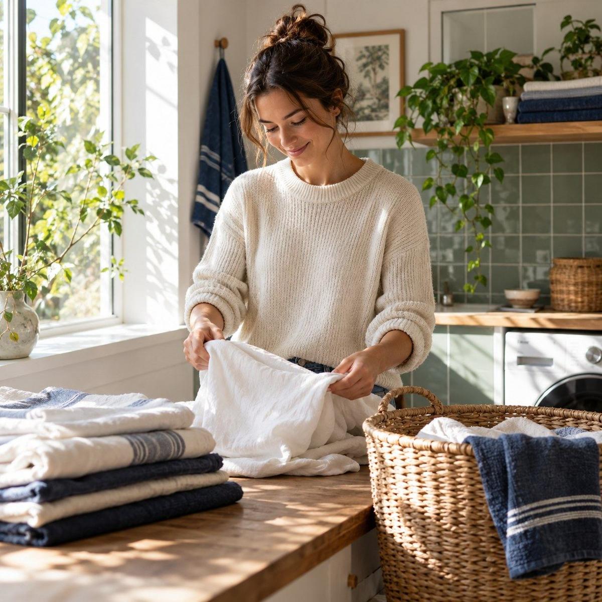 Folding fresh linens in a sunlit laundry room
