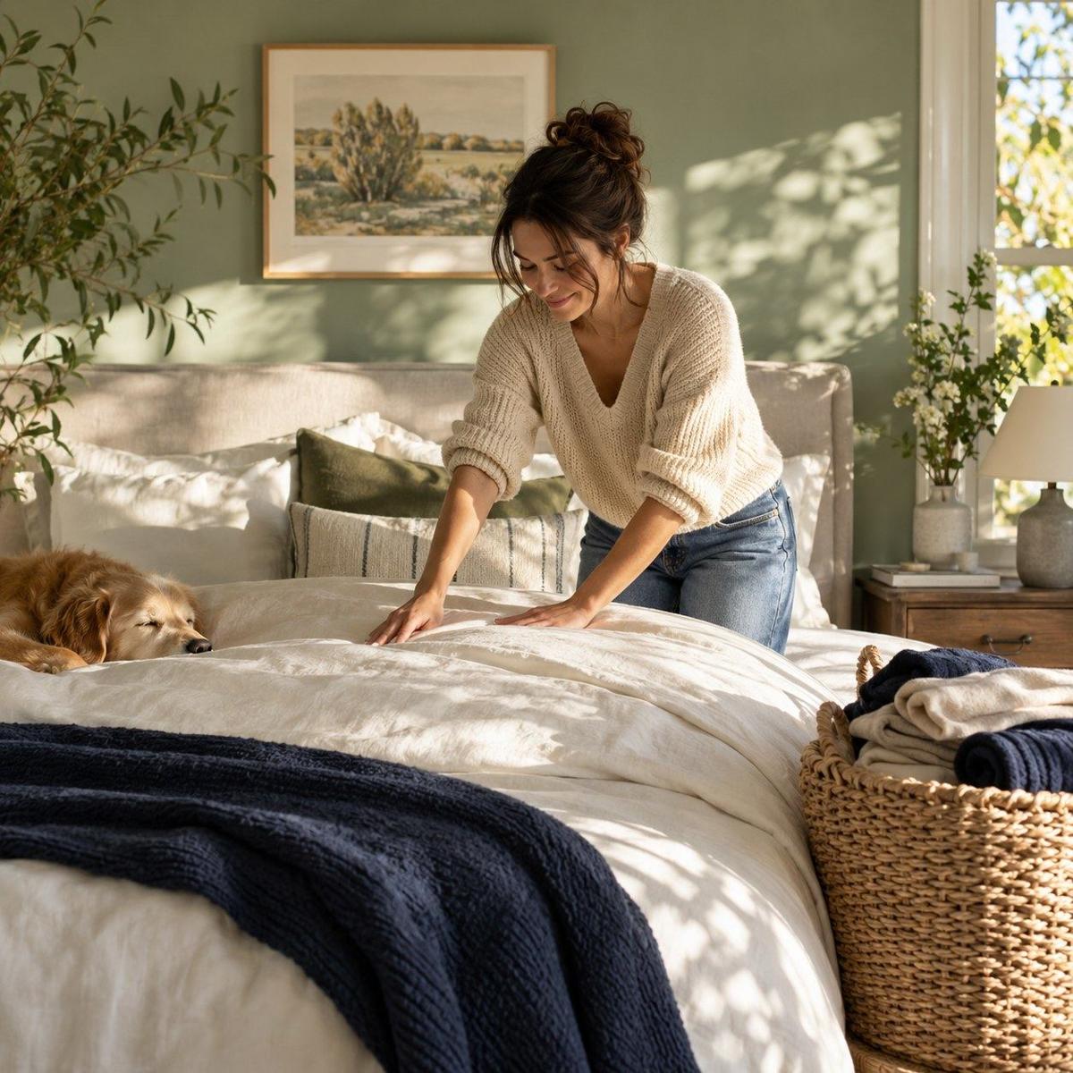 Smoothing fresh bedding in a bright bedroom
