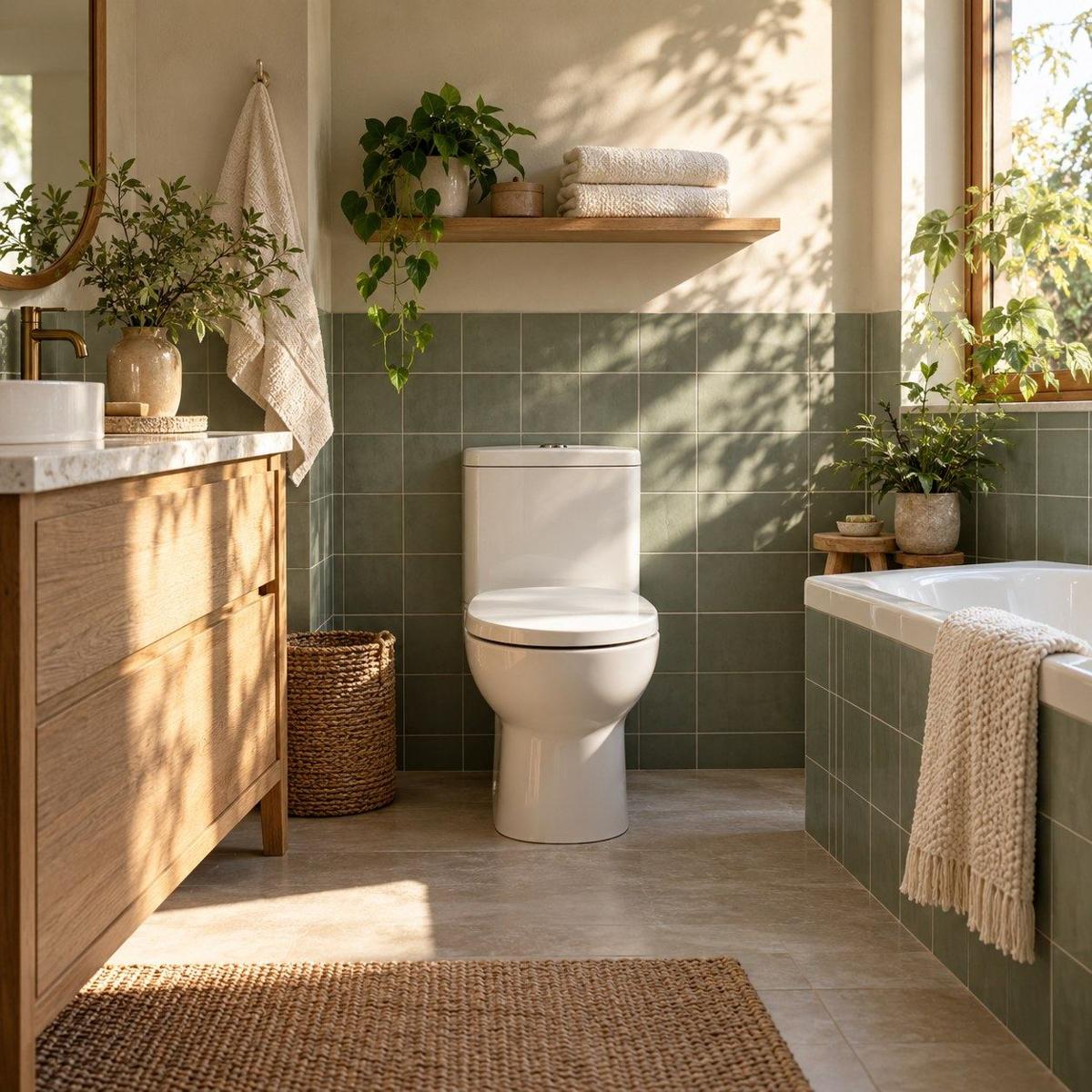 A peaceful bathroom in morning sunlight