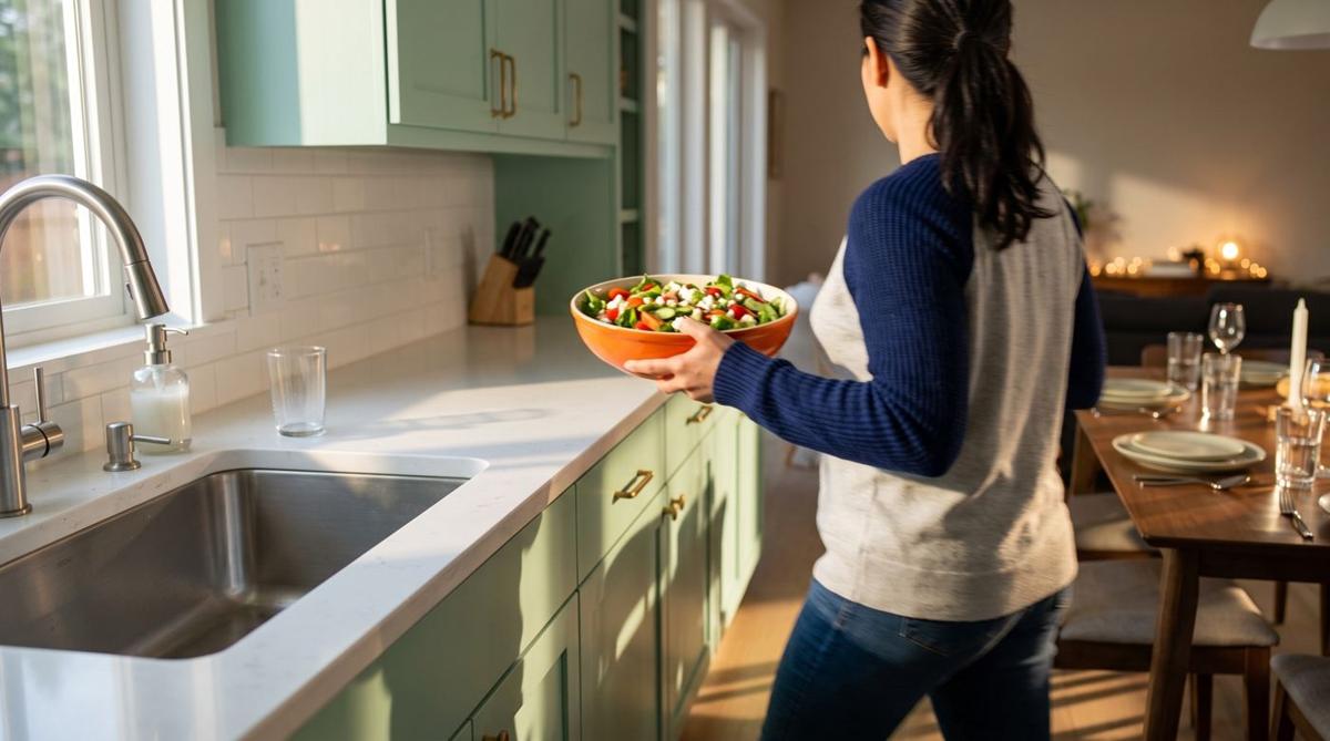 Carrying dinner from a tidy kitchen