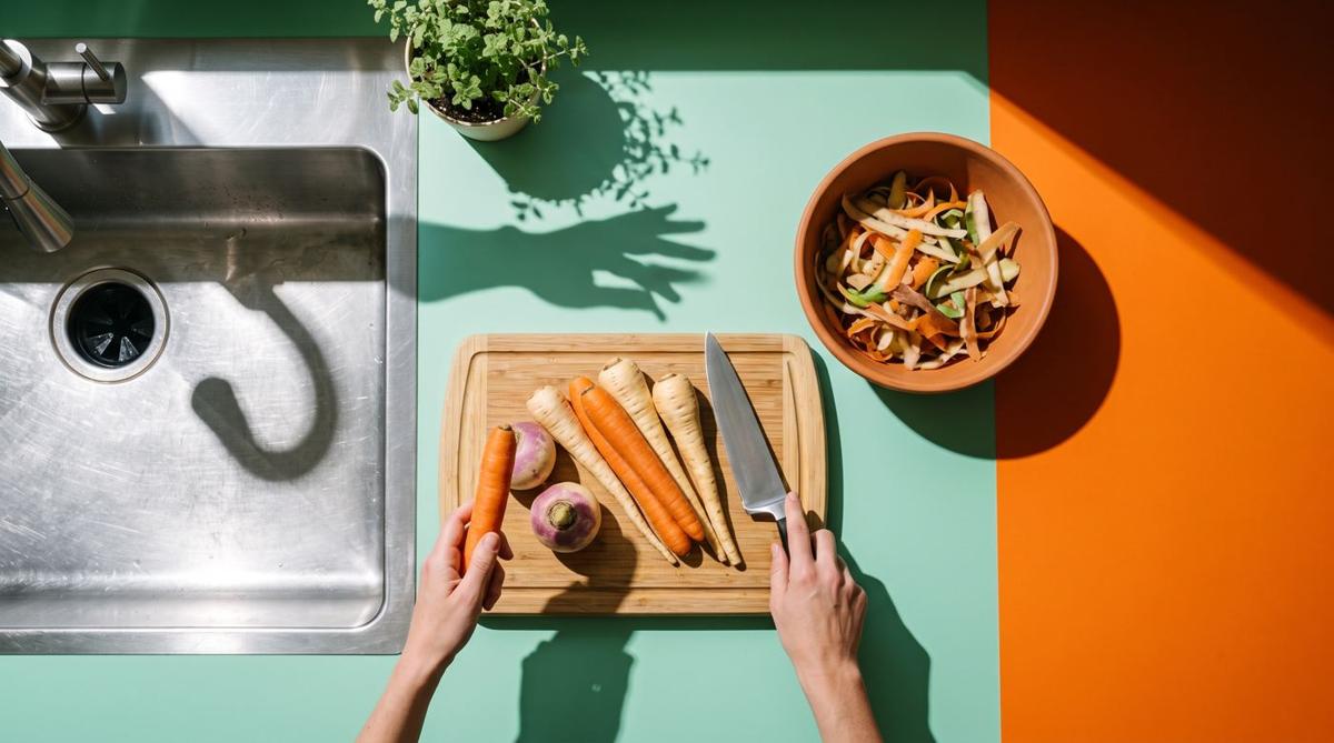 Overhead view of a kitchen sink and garbage disposal beside vegetables on a cutting board, with mint and orange counters
