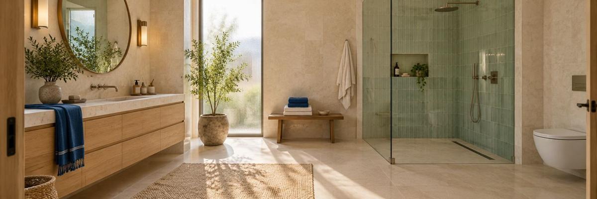 Airy modern bathroom with floating oak vanity, glass shower and soft daylight