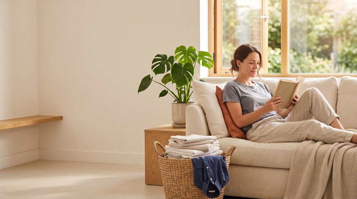 A peaceful sunlit home with fresh folded laundry and time to relax